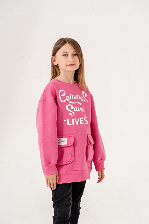 Girl's Pocket Printed Front Three Threads Sweat