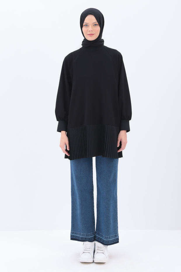 Siyah Oversize Garni Piliseli Tunik - 2
