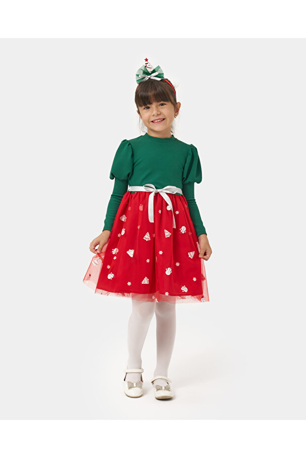 Girl's Balloon Sleeve Crowned Tulle New Year Dress Green
