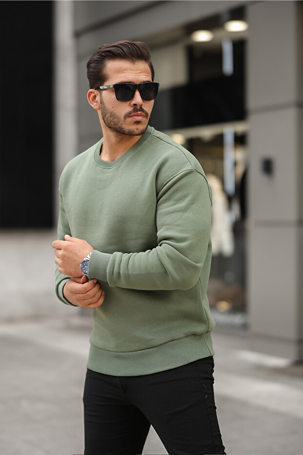 Erkek Bisiklet Yaka Regular Fit Basic Sweatshirt HAKİ - 2
