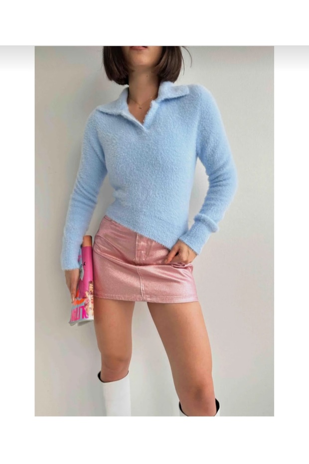 Women's Blue Shirt Collar Soft Knitwear Sweater