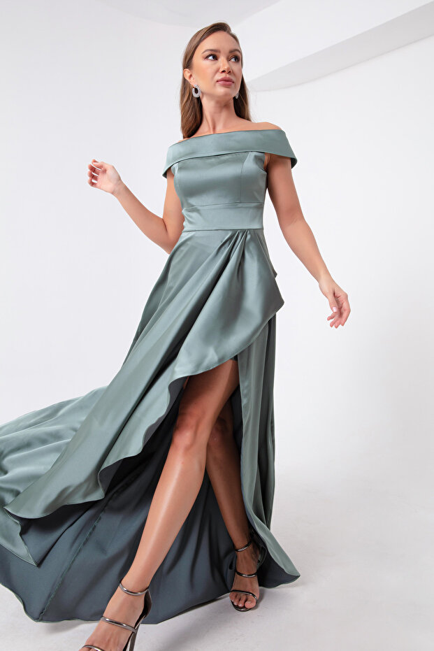 Women's Turquoise Boat Neck Satin Evening Dress & Graduation Dress