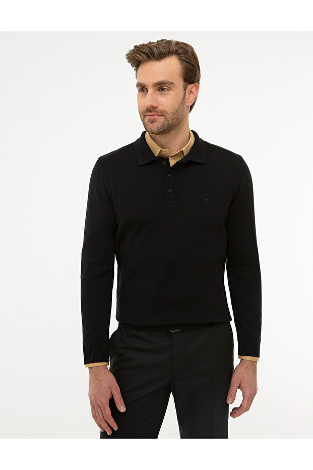 Black Slim Fit Polo Neck Basic Knitwear Sweater 50214242-Vr046