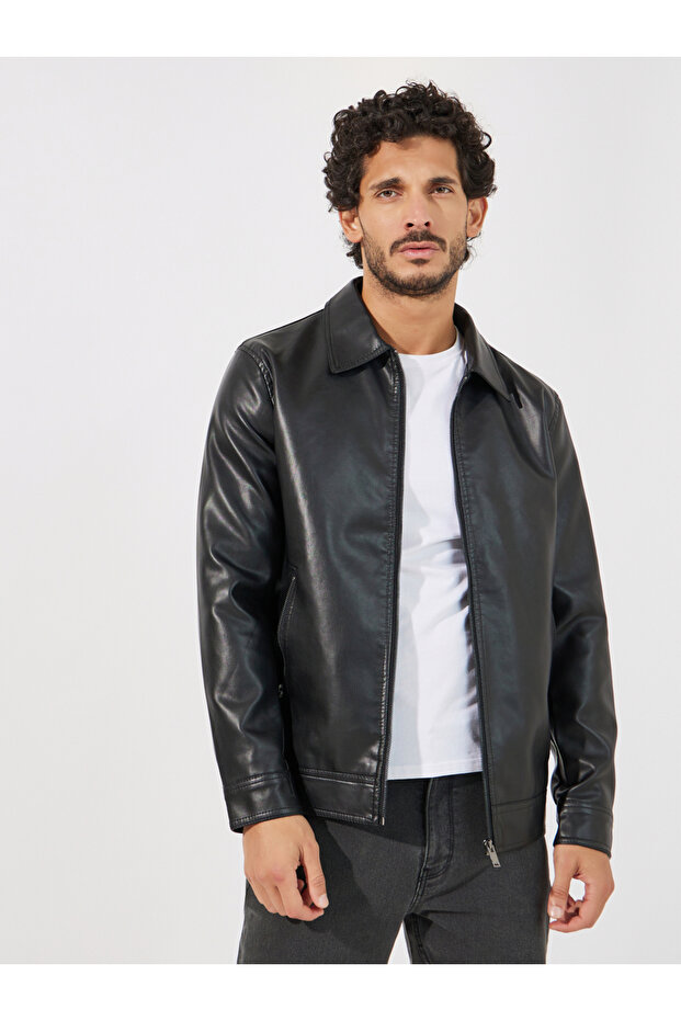 سترة أنيقة بمظهر جلدي مع تفاصيل سحاب - 1