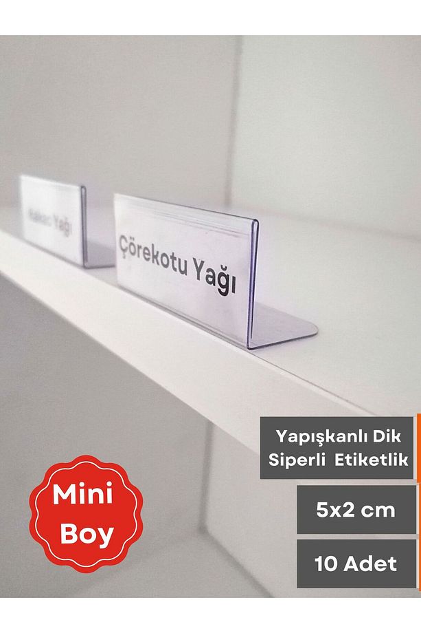 10 Adet Pvc Etiketlik Raf Önü Dik Yapışkanlı 5x2 Cm Vitrin Etiketliği Siperlikli Etiketlik Isimlik - 1