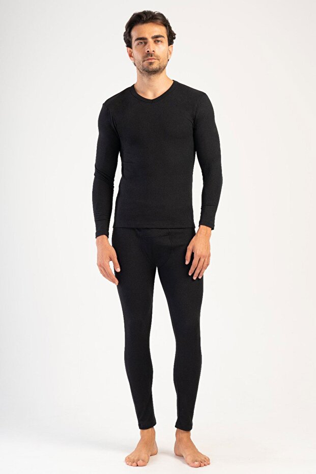 Black V-Neck Thermal Underwear - Soft Texture with Double Stone Embroidery C7T5N1O504