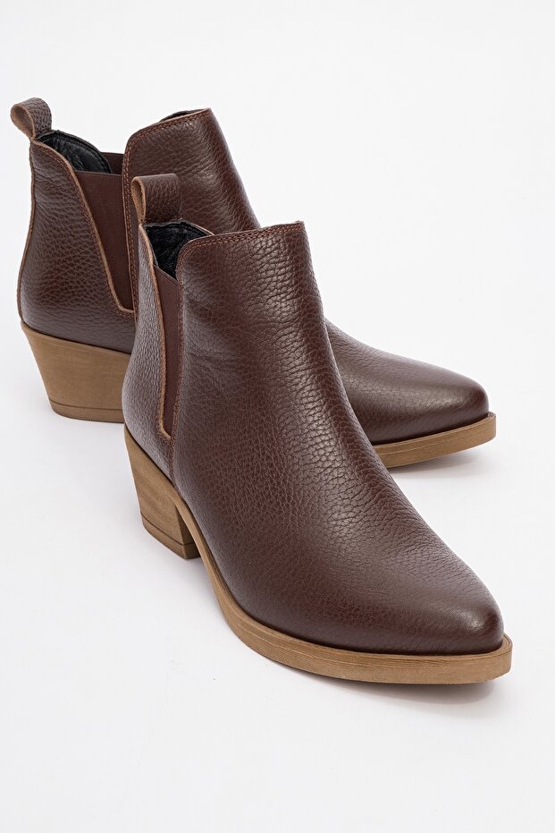 Dovena Brown Floater Genuine Leather Elastic Women's Heeled Boots