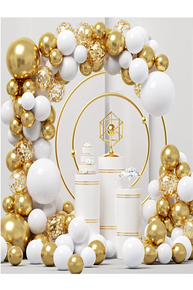 100 Pieces White Gold Confetti Balloon Chain Set - Engagement, Circumcision and Birthday Concept
