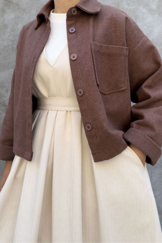 Oversize Short Women's Crop Jacket Look Shirt Brown Cashmere