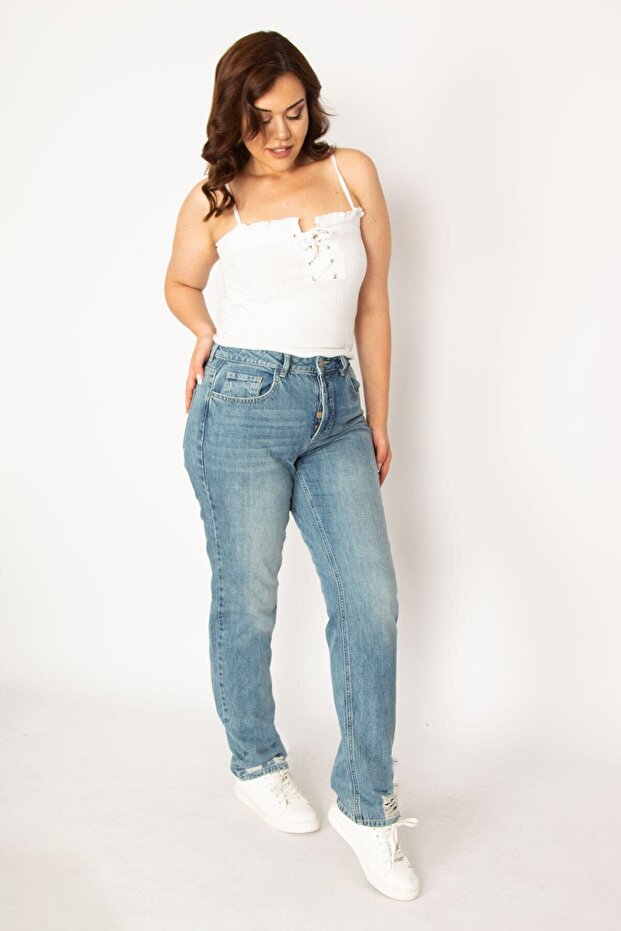 Women's Large Size Blue Ripped Detailed Washed Effect 5 Pocket Jeans 65n33760