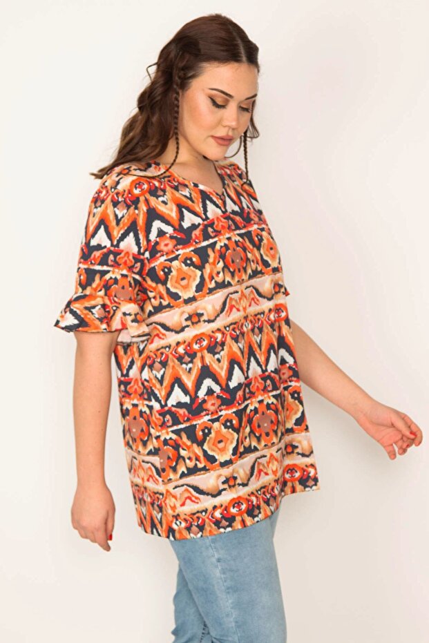 Women's Plus Size Orange V-Neck Flounce Sleeve Blouse 65n32088