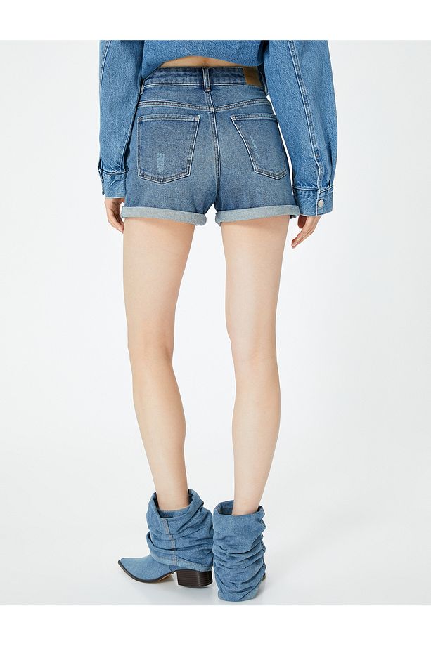 Mini Kot Şort Yüksek Bel Skinny Fit Yıpratılmış Cepli - 4