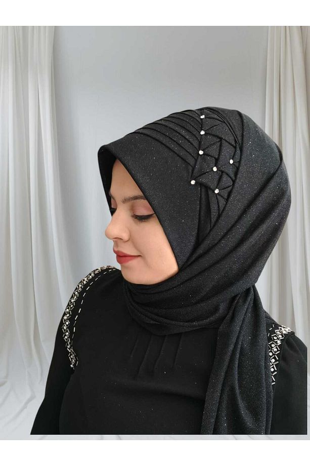 Simli siyah taşlı hazır duvak hazır şal hazır türban - 3
