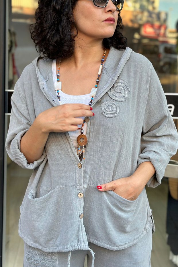Women's Khaki Dream Catcher Embroidery Detailed Button Closure Hooded Bag Pocket Cotton Linen Cardigan Blouse