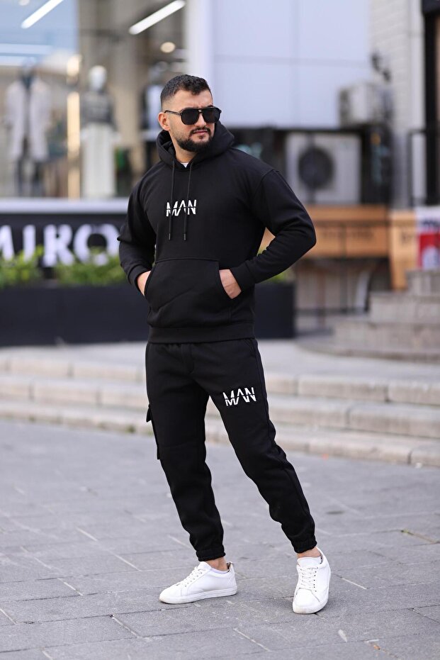 3 Thread Raised Straight Hooded Pipe Leg Tracksuit Set