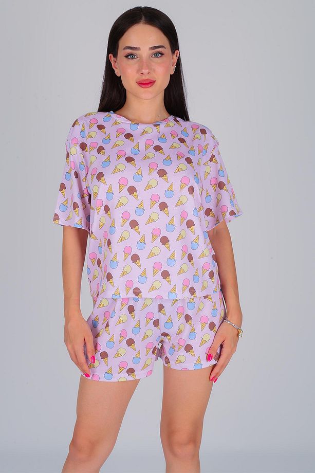 Kadın Pembe Dondurma Desen Tişört Şort Pijama Takımı - 3