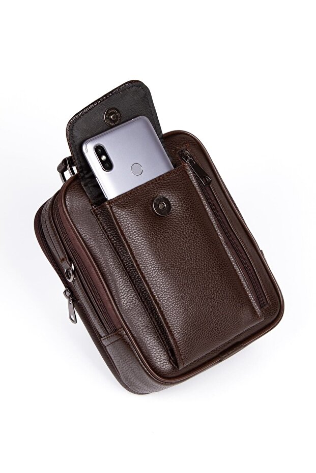 Men's Brown Vegan Leather Hand and Shoulder Bag with Phone Compartment and Steel Case