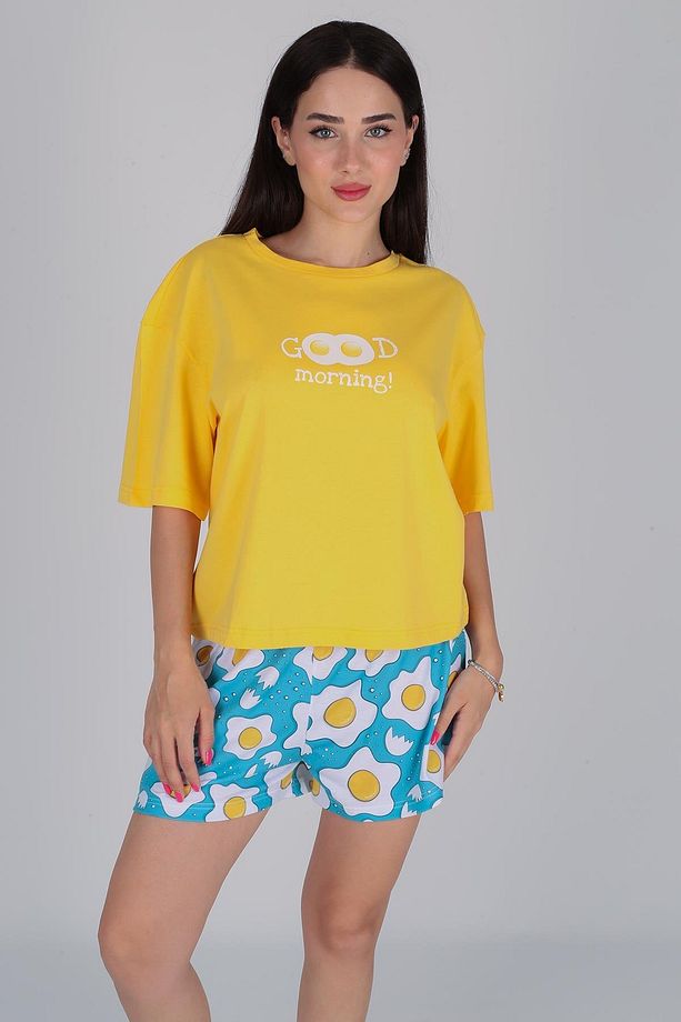 Kadın Çok Renkli Yumurta Desen Tişört Şort Pijama Takımı - 1