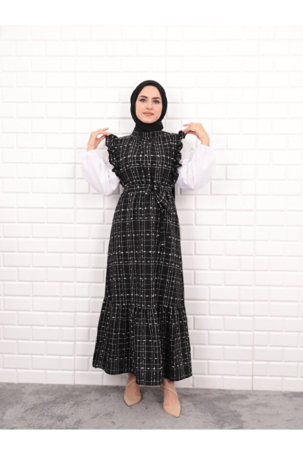 Hijab Frilly Belted Gilet - Tweed Fabric, Unlined