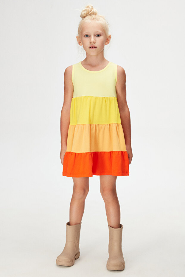 Light Yellow-Orange Layered Colorful Girls' Drawstring Strap Dress
