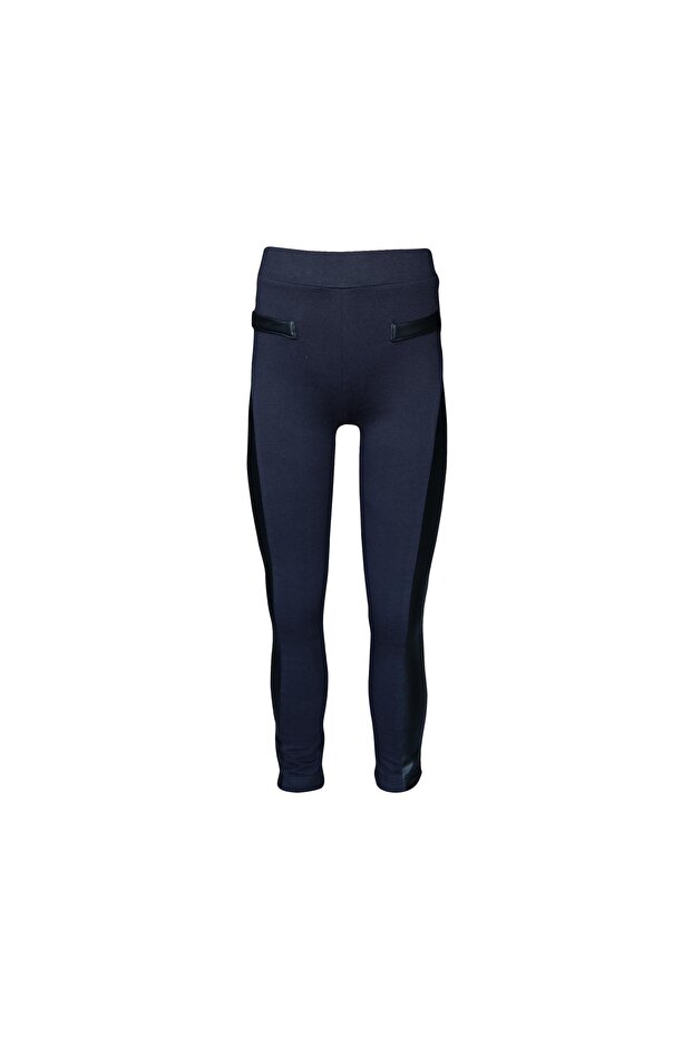 Dark Navy Blue Girls' Leggings with Leather Panels on the Side