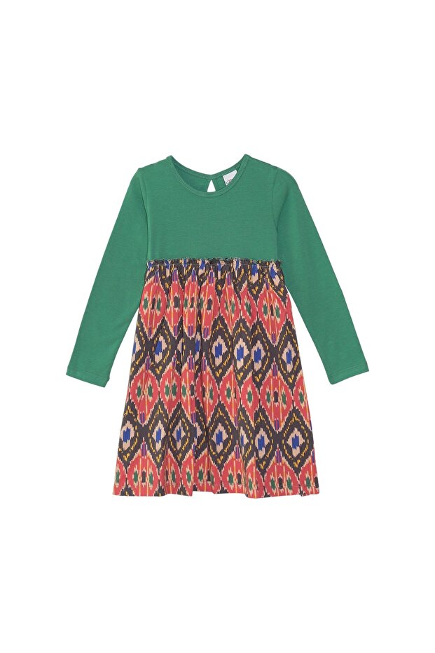 Sea Green Kilim Pattern Girls' Long Sleeve Dress
