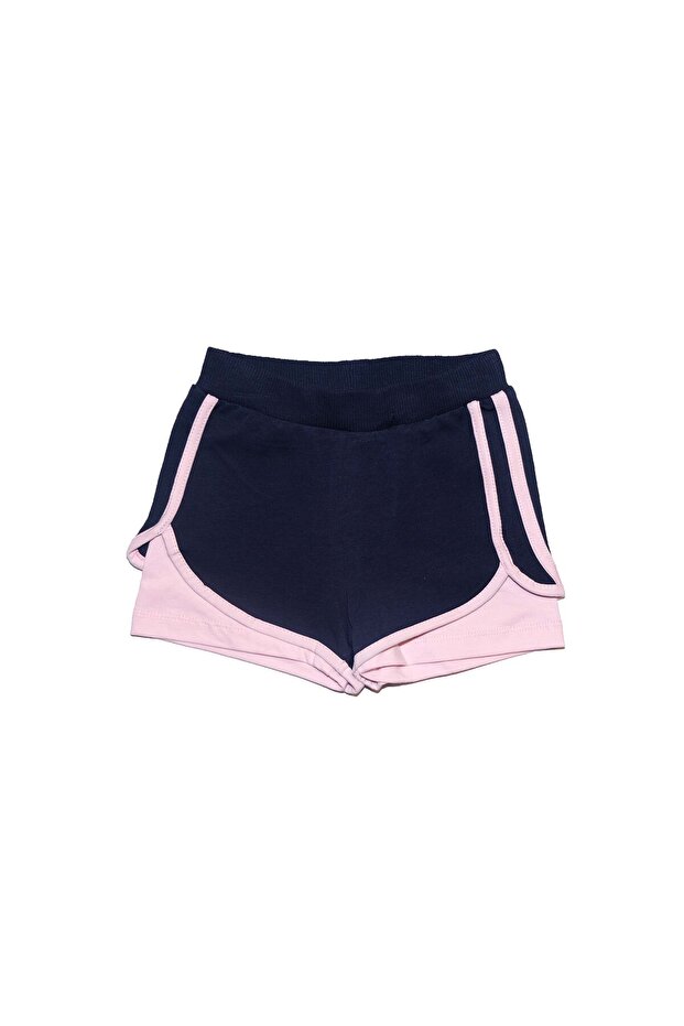 Dark Navy Blue-Pink Two-Thread Ribbed Waist Girls' Shorts