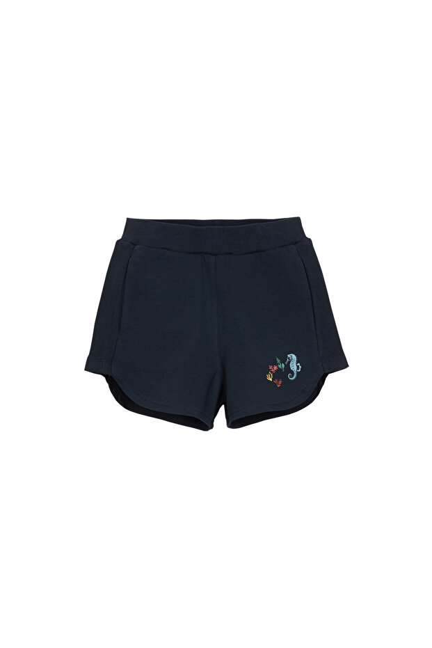 Dark Navy Blue Two-Thread Sea Horse Printed Girls' Shorts