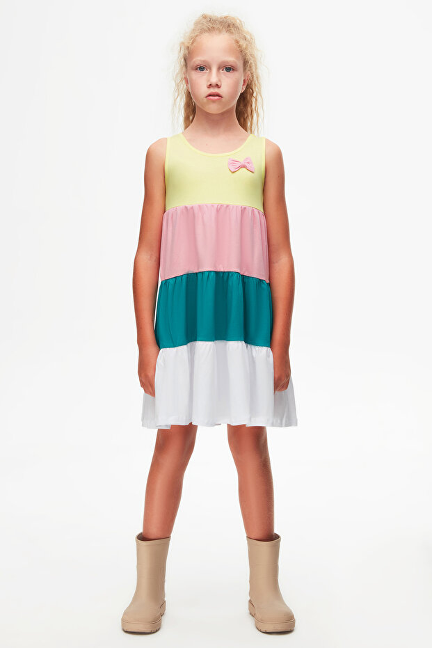 Light Yellow and White Color Layered Girls' Strap Dress