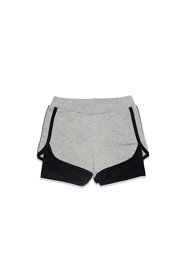 Grey-Black Two Thread Ribbed Waist Girl's Shorts