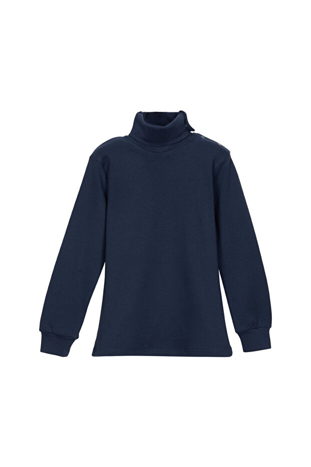 Light Navy Blue Basic Girls' Snap-On Full Turtleneck Ribbed Winter Long Sleeve T-Shirt