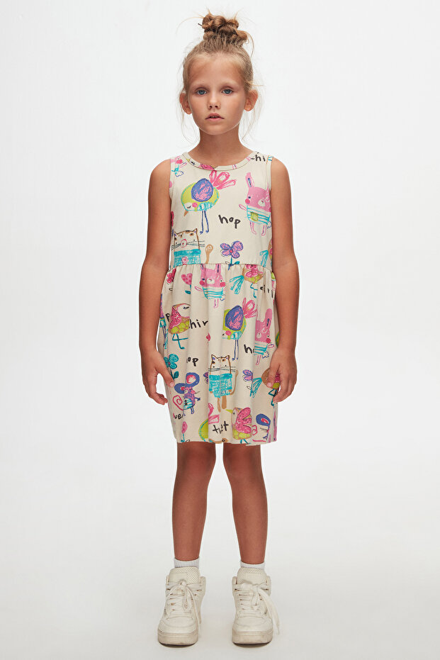 Chirping (Beige) Chirping Animals Girls' Patterned Sleeveless Dress