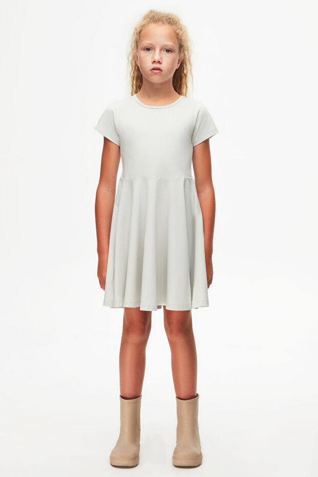 Smoke Gray Color Basic Girls' Short Sleeve Dress