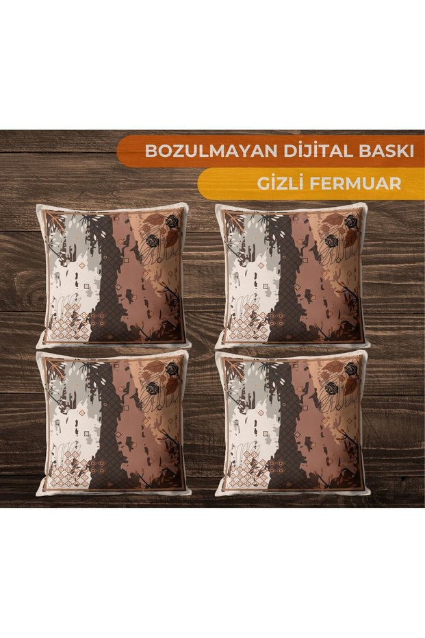 4-Piece Digital Printed Gift Throw Pillow Set - Brown/Grey Cream Patterned