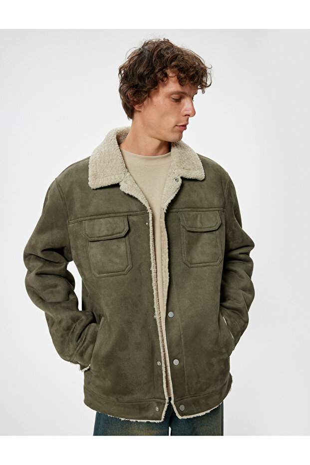 Suede Look Jacket Slim Fit Plush Detailed Shirt Collar