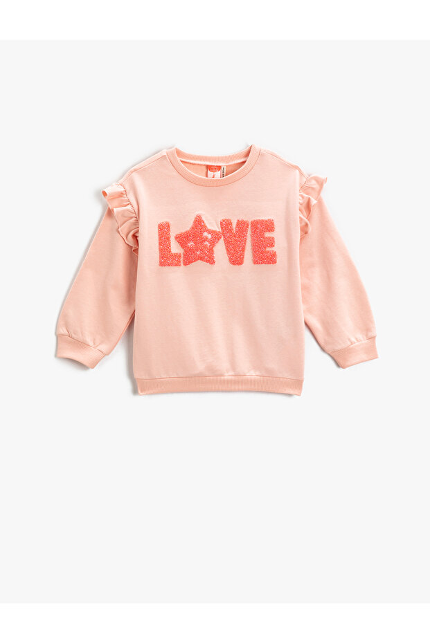 Ruffled Sweatshirt with Plush Detail, Crew Neck, with Ribbon