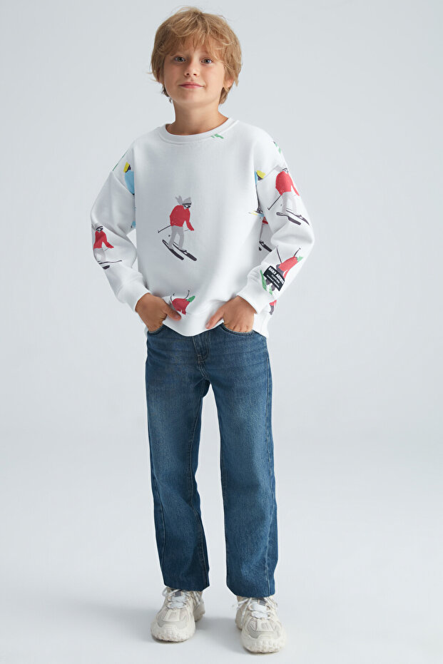 GRIMELANGE Trendon Erkek Çocuk 3 Iplik Içi Şardonlu Baskı Detaylı Yuvarlak Yaka Beyaz Sweatshirt