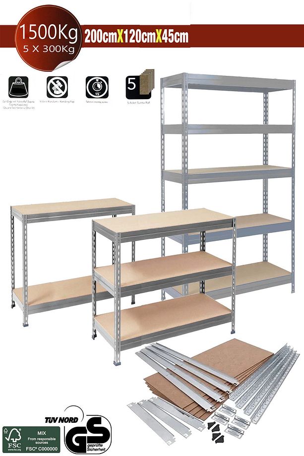 Ağır Yük Raf Sistemi Ofis Depo Rafı Aletsiz Kurulum 5 Raflı 180x120x45cm BD063 - 1