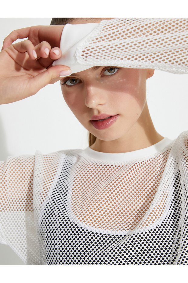 Fishnet Crop T-Shirt Long Sleeve Crew Neck