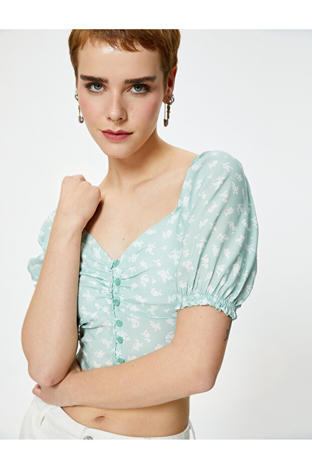 Balloon Sleeve Crop Blouse Floral Buttoned V-Neck Viscous Fabric