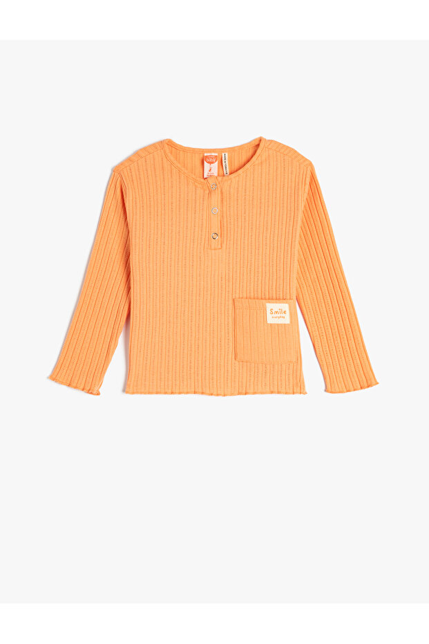 T-Shirt Long Sleeve Round Neck Pocket Detailed Ribbed