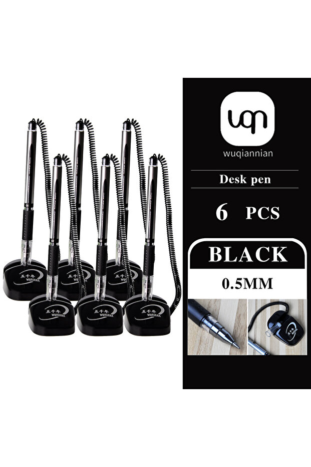 6pcs WQN-3/6/12pcs Creative Sticky Desk With Cable Base Fixed Black Signature Pen Anti-Loss Pen For