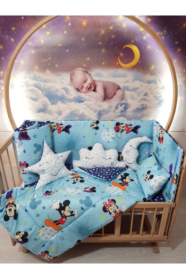 60X120 Baby Sleeping Set - Without Mosquito Net - Blue Mickey & Minnie 125-97 (Excluding Furniture Crib)