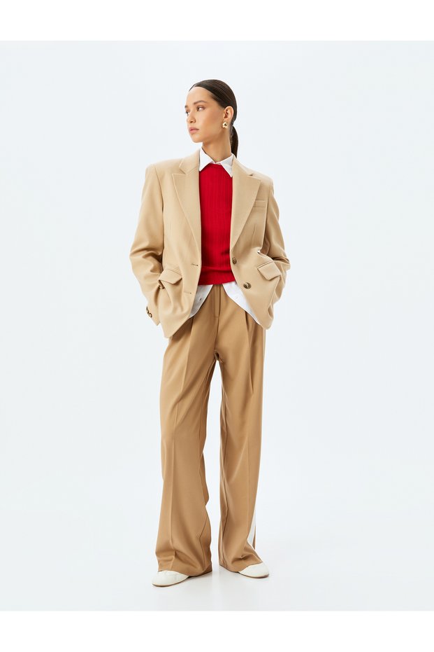 Straight Wide Leg Fabric Trousers with Stripe Detail on the Sides and Pleat Detail Pockets
