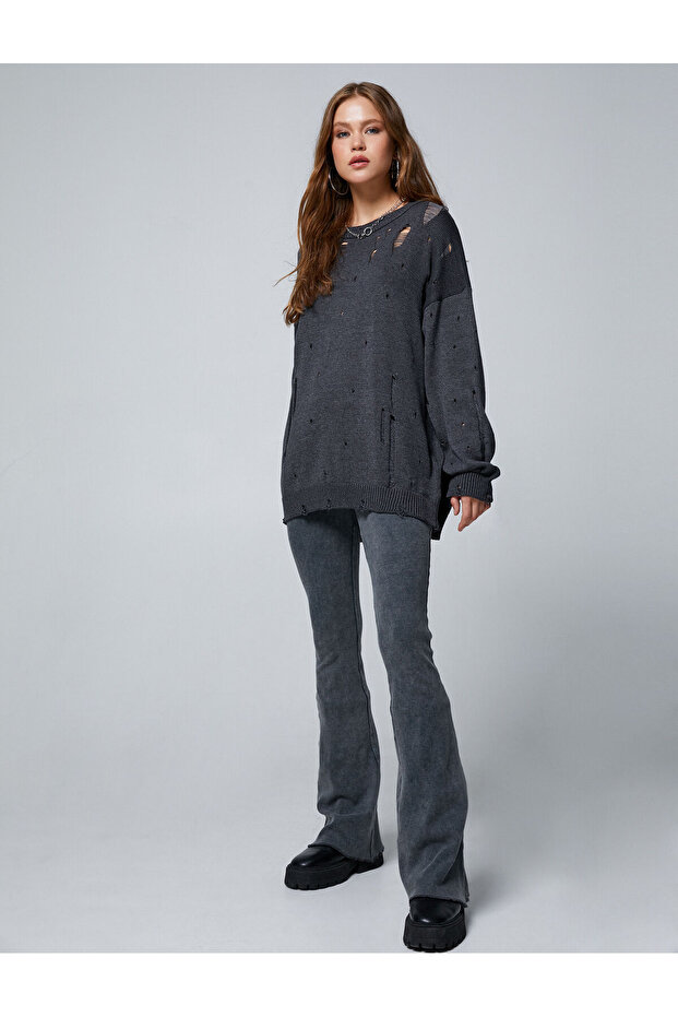 Knitwear Sweater Long Sleeve With Holes Ripped Detail Low Shoulder Crew Neck