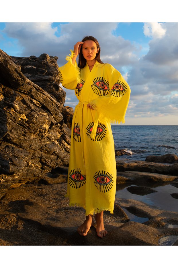 Muslin Kimono 100% Cotton Eye Patterned Bathrobe Kaftan Dressing Gown Yellow