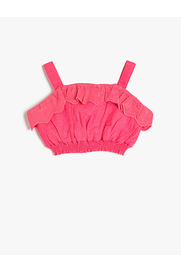 Linen Crop Blouse Slim Straps Elastic Waist Ruffles