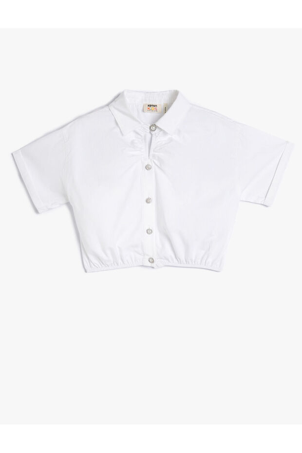 Crop Shirt Short Sleeve Pearl Button Detailed Cotton Elastic Waist