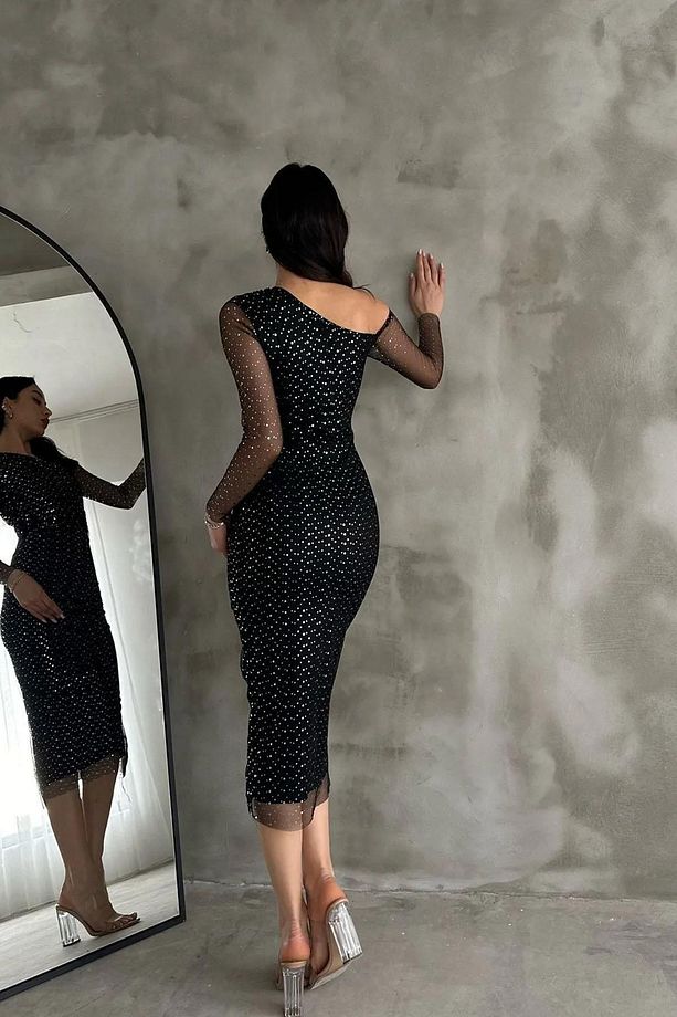 Siyah Tek Omuz Puantiye Desenli Varaklı Tül Elbise - 6