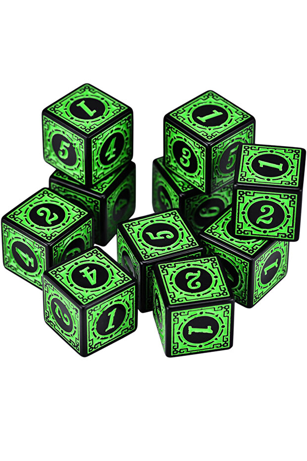 10pcs Green 10PCS/Set Acrylic Dice Set D6 Carved Pattern Polyhedron Dice 6-sides Game Dice for RPG D